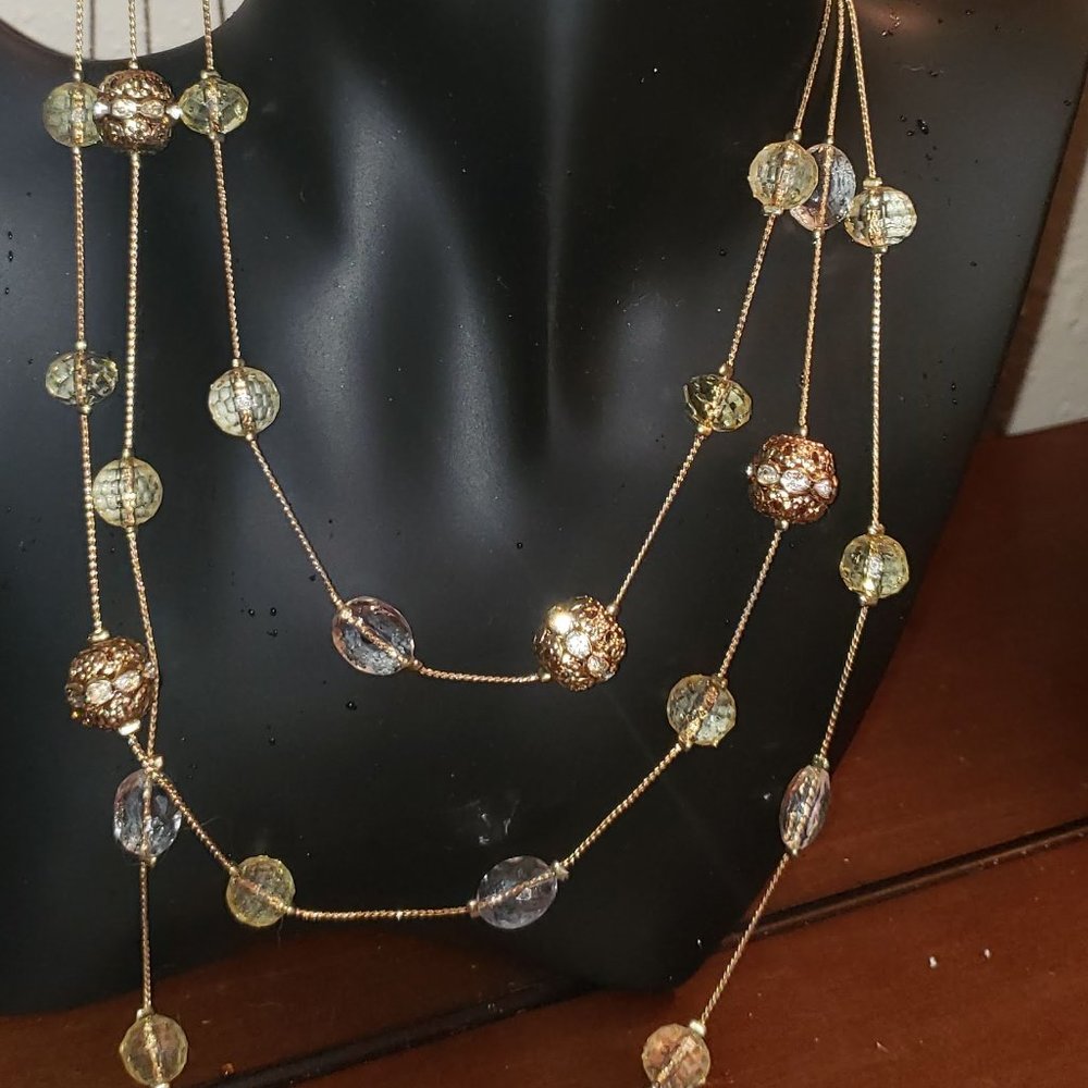 Long Gold layered necklace with citrine and gold beads, with matching earrings
